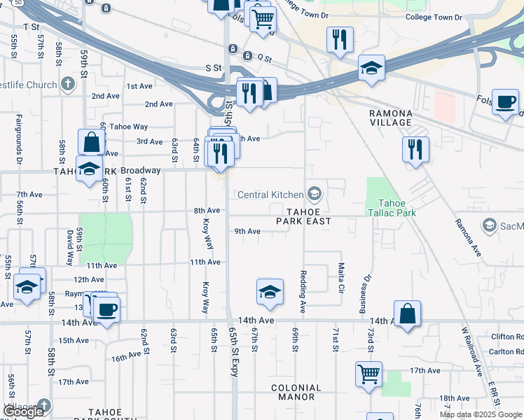 map of restaurants, bars, coffee shops, grocery stores, and more near 3201 Luscutoff Court in Sacramento