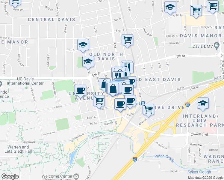 map of restaurants, bars, coffee shops, grocery stores, and more near 330 E Street in Davis
