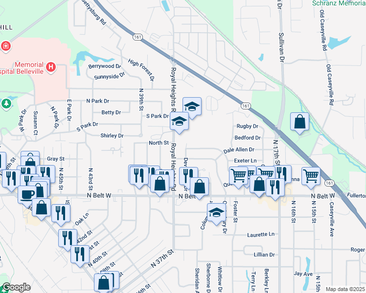 map of restaurants, bars, coffee shops, grocery stores, and more near 820 Royal Heights Road in Belleville