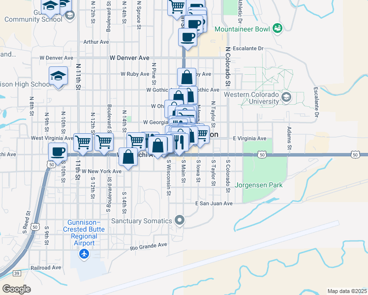 map of restaurants, bars, coffee shops, grocery stores, and more near 122 North Main Street in Gunnison