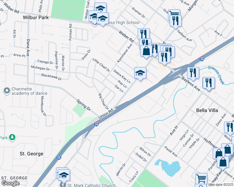 map of restaurants, bars, coffee shops, grocery stores, and more near 4330 Dar Lane in St. Louis
