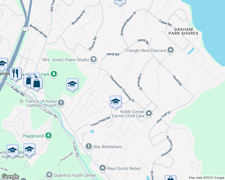 map of restaurants, bars, coffee shops, grocery stores, and more near 18865 Crossroads Court in Triangle
