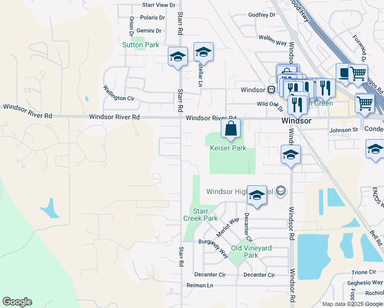 map of restaurants, bars, coffee shops, grocery stores, and more near 9110 Starr Road in Windsor