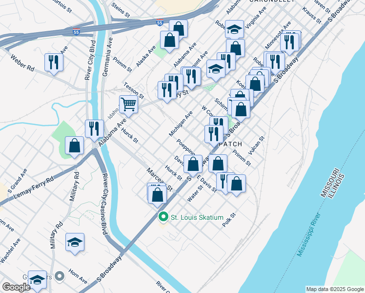map of restaurants, bars, coffee shops, grocery stores, and more near 8100 Minnesota Avenue in St. Louis