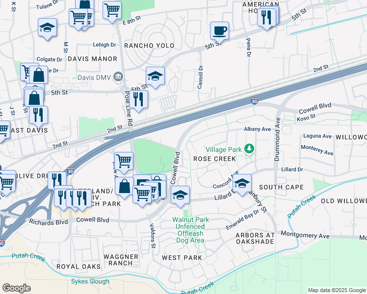 map of restaurants, bars, coffee shops, grocery stores, and more near 1017 Greene Terrace in Davis
