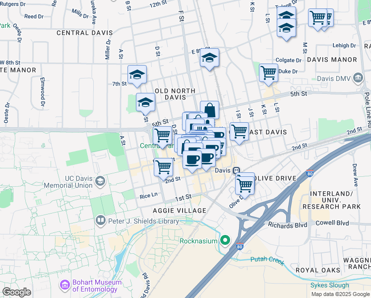 map of restaurants, bars, coffee shops, grocery stores, and more near 314 D Street in Davis