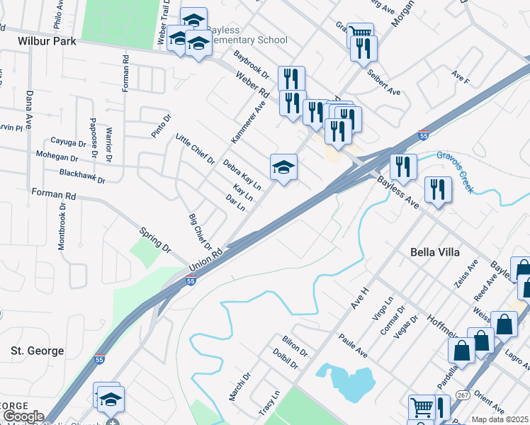 map of restaurants, bars, coffee shops, grocery stores, and more near 4230 Kay Lane in St. Louis