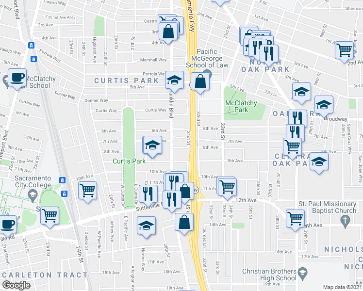 map of restaurants, bars, coffee shops, grocery stores, and more near 3033 8th Avenue in Sacramento