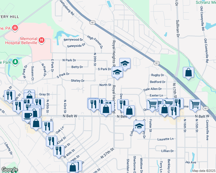 map of restaurants, bars, coffee shops, grocery stores, and more near 660 North 38th Street in Belleville
