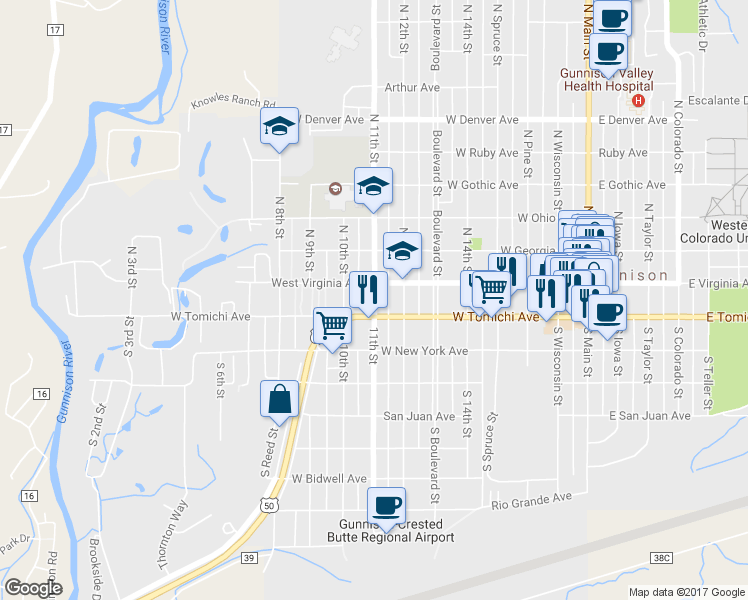 map of restaurants, bars, coffee shops, grocery stores, and more near 109 South 11th Street in Gunnison