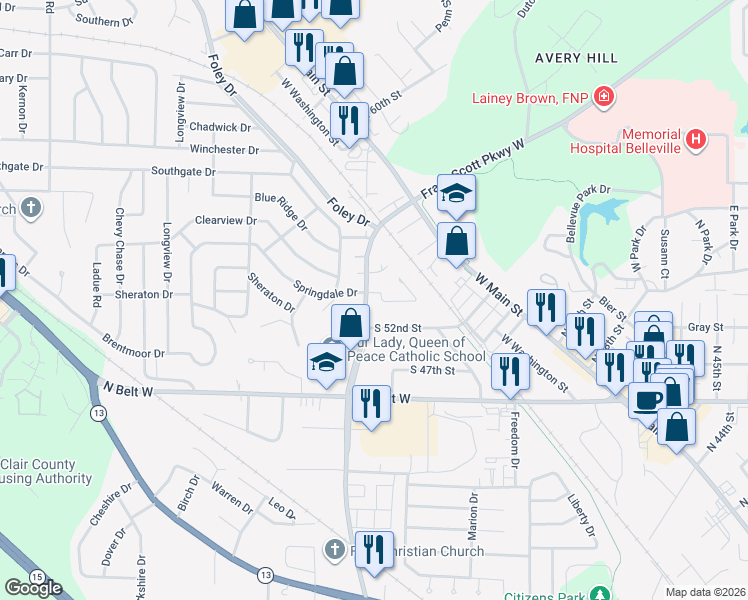 map of restaurants, bars, coffee shops, grocery stores, and more near 2310 Frank Scott Parkway West in Belleville