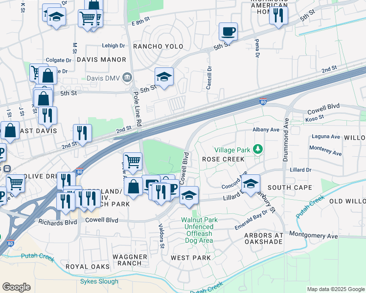 map of restaurants, bars, coffee shops, grocery stores, and more near 1017 Greene Terrace in Davis
