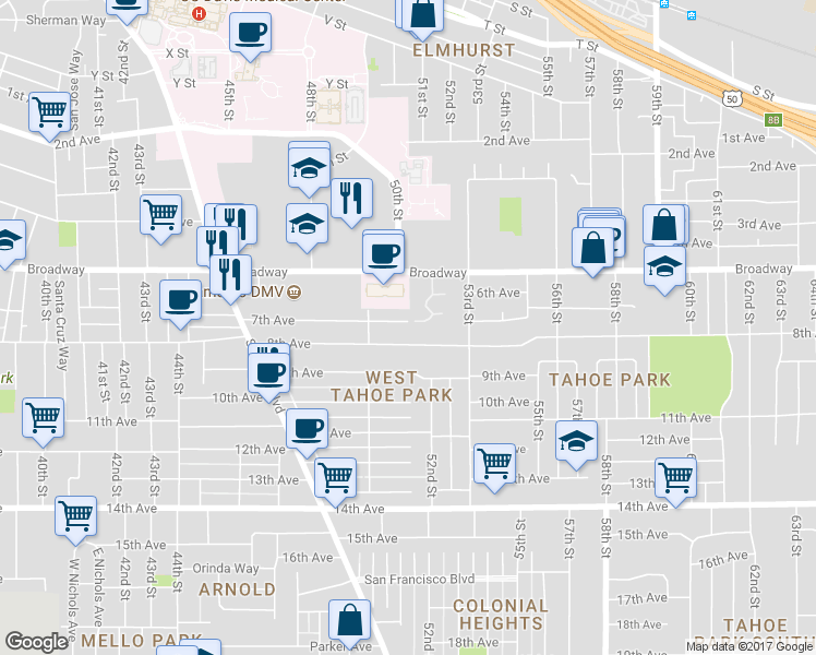 map of restaurants, bars, coffee shops, grocery stores, and more near 5200 Broadway in Sacramento