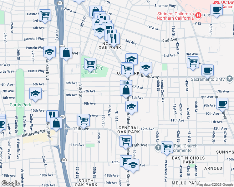 map of restaurants, bars, coffee shops, grocery stores, and more near 3709 7th Avenue in Sacramento