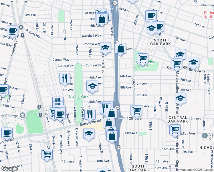 map of restaurants, bars, coffee shops, grocery stores, and more near 2775 7th Avenue in Sacramento