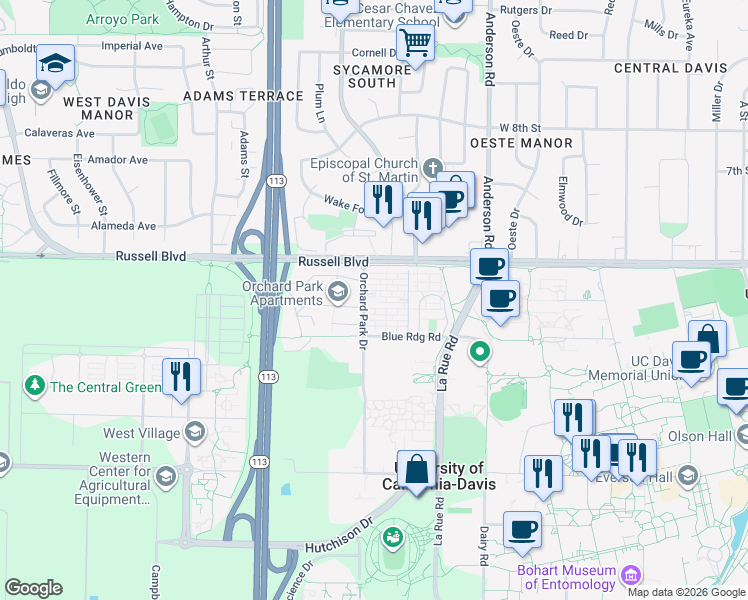 map of restaurants, bars, coffee shops, grocery stores, and more near 400 Russell Park in Davis