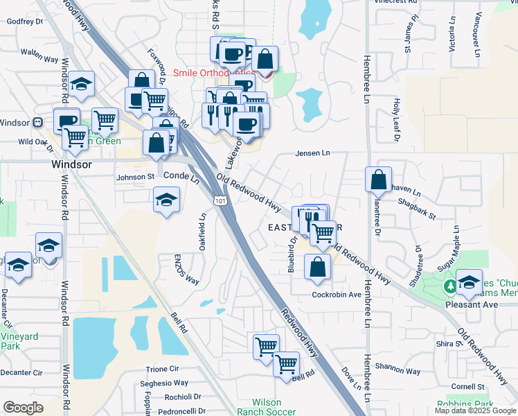 map of restaurants, bars, coffee shops, grocery stores, and more near 8710 Old Redwood Highway in Windsor