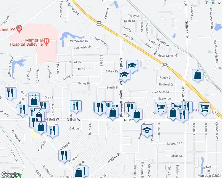 map of restaurants, bars, coffee shops, grocery stores, and more near 660 North 38th Street in Belleville