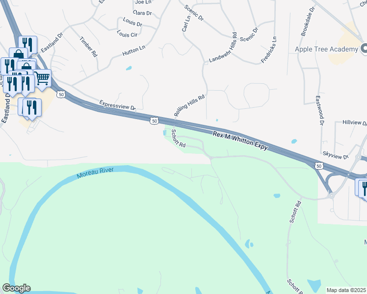 map of restaurants, bars, coffee shops, grocery stores, and more near 2307 Schott Road in Jefferson City