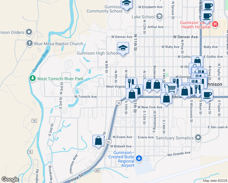 map of restaurants, bars, coffee shops, grocery stores, and more near 1061-1077 West Virginia Avenue in Gunnison