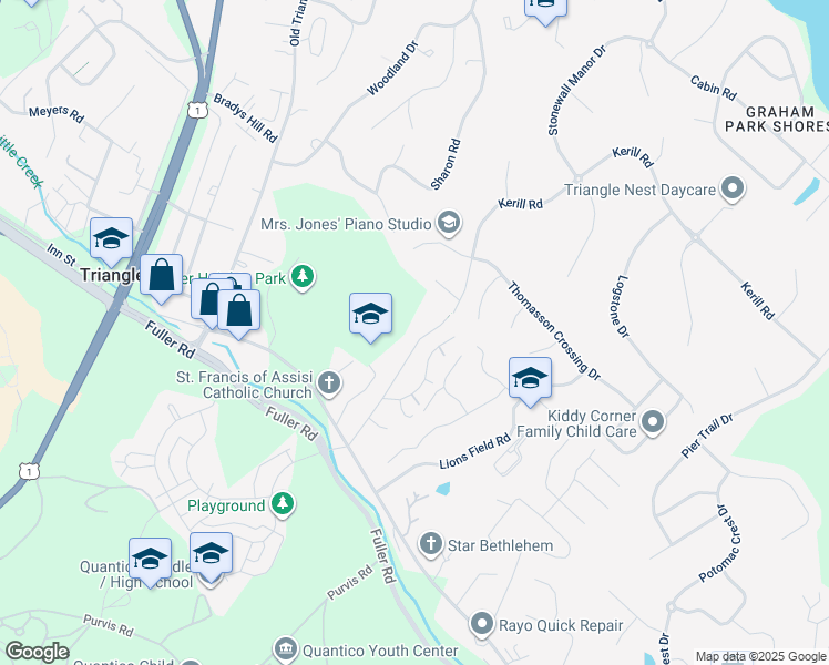 map of restaurants, bars, coffee shops, grocery stores, and more near 18716 Kerill Road in Triangle