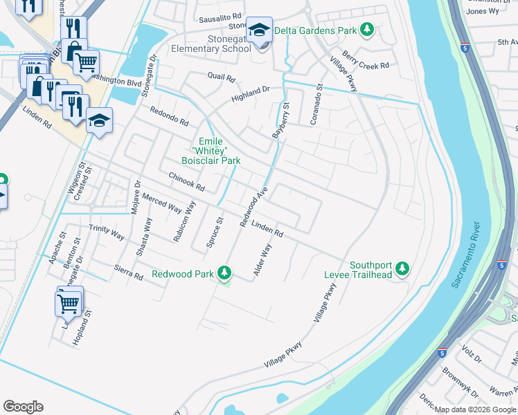 map of restaurants, bars, coffee shops, grocery stores, and more near 2862 Peachtree Street in West Sacramento