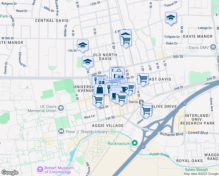 map of restaurants, bars, coffee shops, grocery stores, and more near 337 D Street in Davis