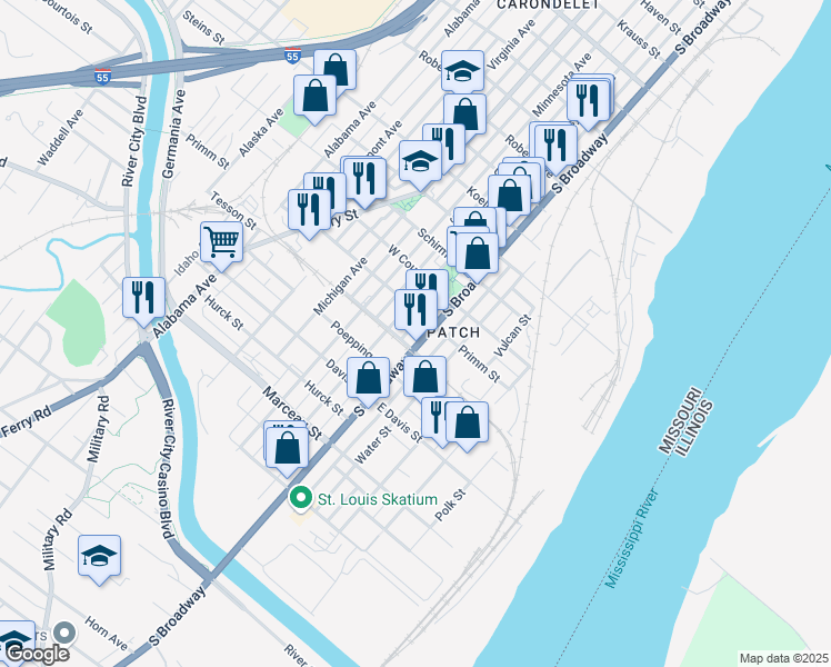 map of restaurants, bars, coffee shops, grocery stores, and more near 7906 Pennsylvania Avenue in St. Louis