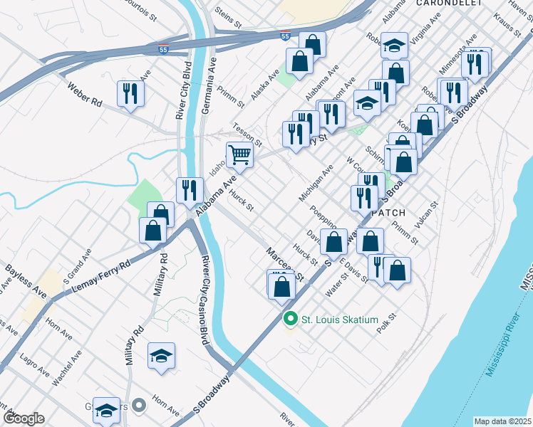 map of restaurants, bars, coffee shops, grocery stores, and more near 8214 Virginia Avenue in St. Louis