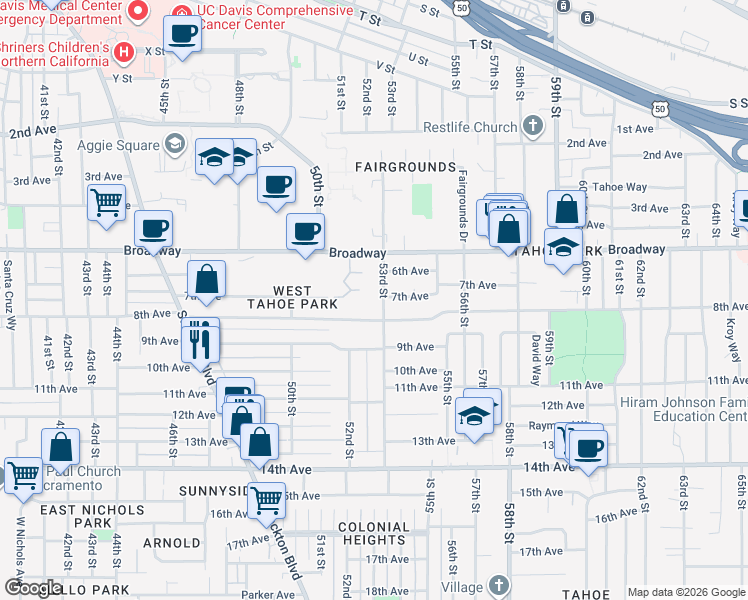 map of restaurants, bars, coffee shops, grocery stores, and more near 5200 Broadway in Sacramento