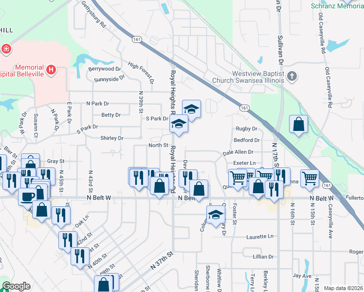 map of restaurants, bars, coffee shops, grocery stores, and more near 820 Royal Heights Road in Belleville