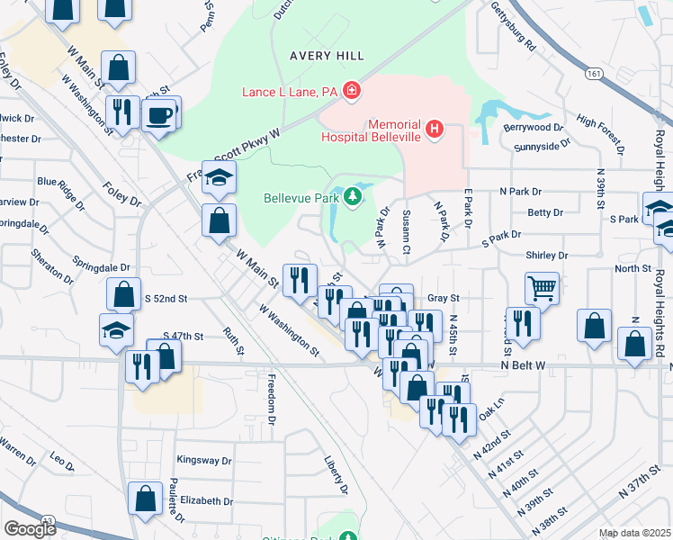 map of restaurants, bars, coffee shops, grocery stores, and more near 246 Rayburn Drive in Belleville