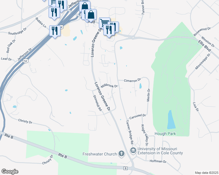 map of restaurants, bars, coffee shops, grocery stores, and more near 2119 Millbrook Court in Jefferson City