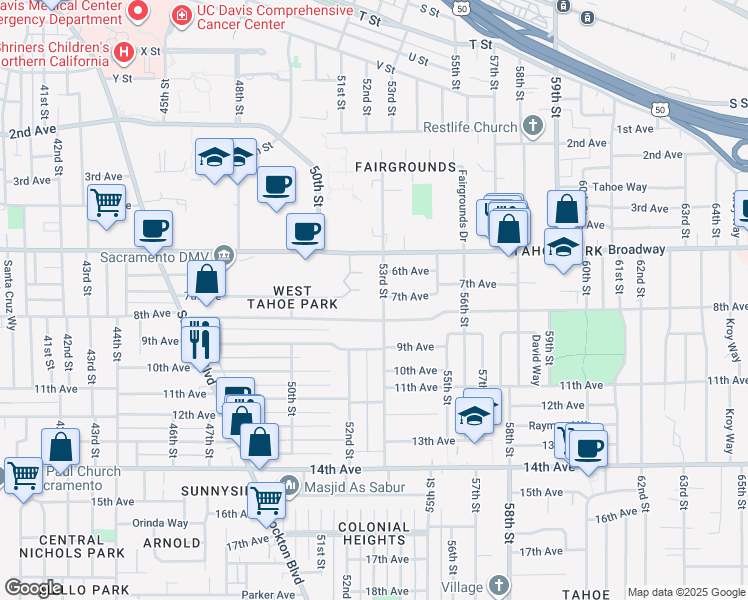 map of restaurants, bars, coffee shops, grocery stores, and more near 5200 Broadway in Sacramento