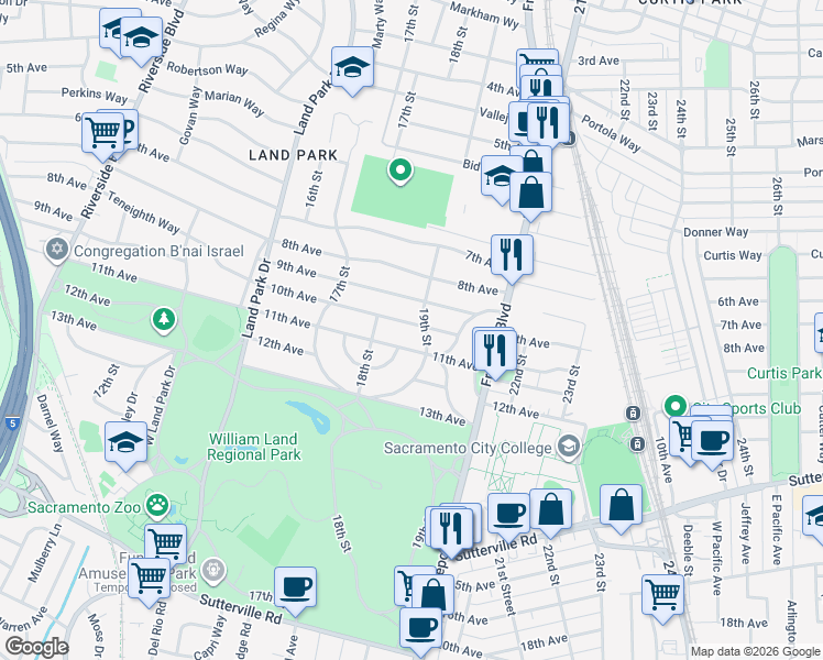 map of restaurants, bars, coffee shops, grocery stores, and more near 1870 10th Avenue in Sacramento