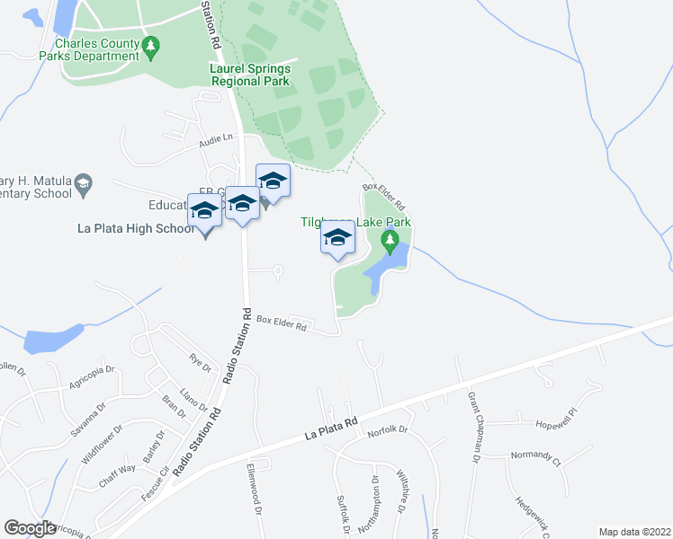 map of restaurants, bars, coffee shops, grocery stores, and more near Box Elder Road in La Plata