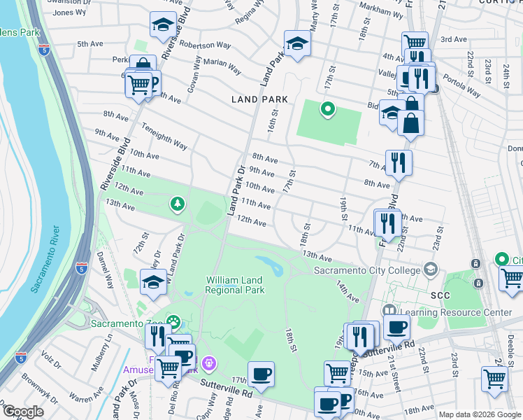 map of restaurants, bars, coffee shops, grocery stores, and more near 1609 11th Avenue in Sacramento