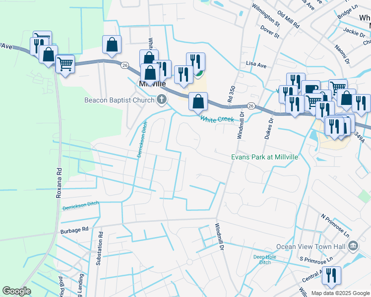 map of restaurants, bars, coffee shops, grocery stores, and more near 36464 Ridgeshore Lane in Millville