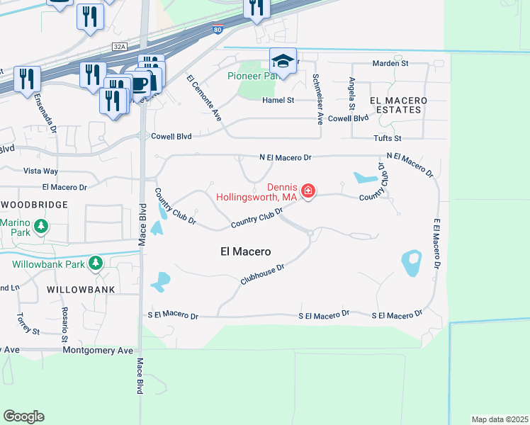map of restaurants, bars, coffee shops, grocery stores, and more near 44406 Country Club Drive in El Macero
