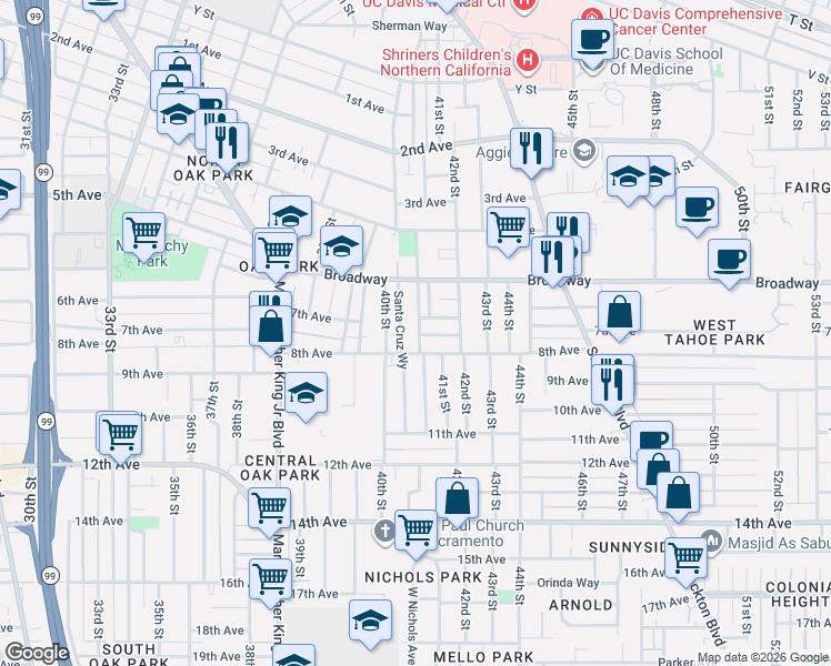 map of restaurants, bars, coffee shops, grocery stores, and more near 3200 San Jose Way in Sacramento