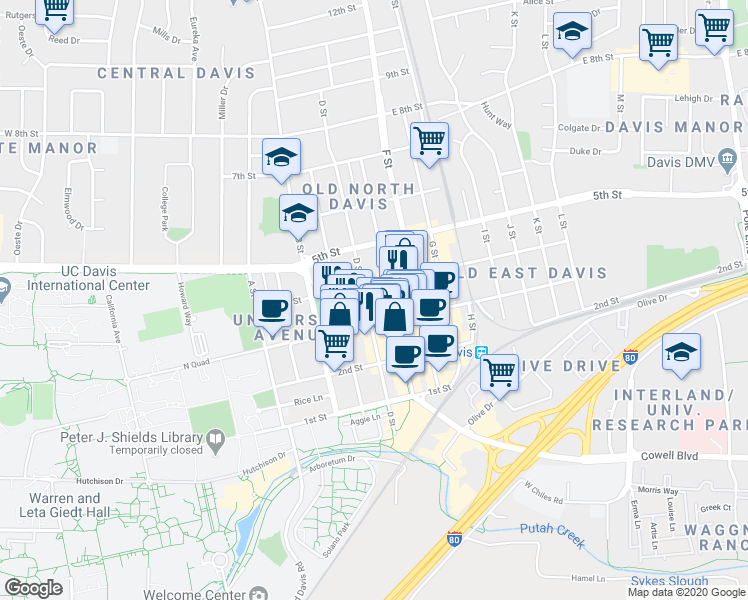 map of restaurants, bars, coffee shops, grocery stores, and more near 322 D Street in Davis