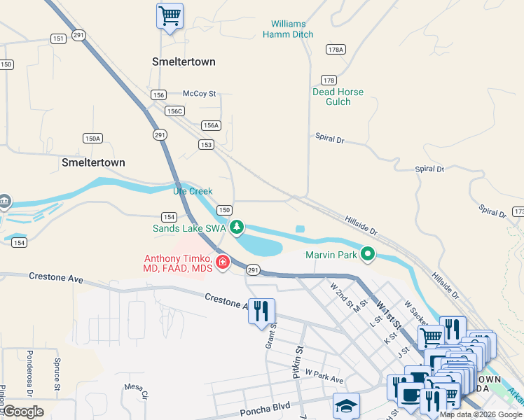map of restaurants, bars, coffee shops, grocery stores, and more near 8705 County Road 175 in Salida