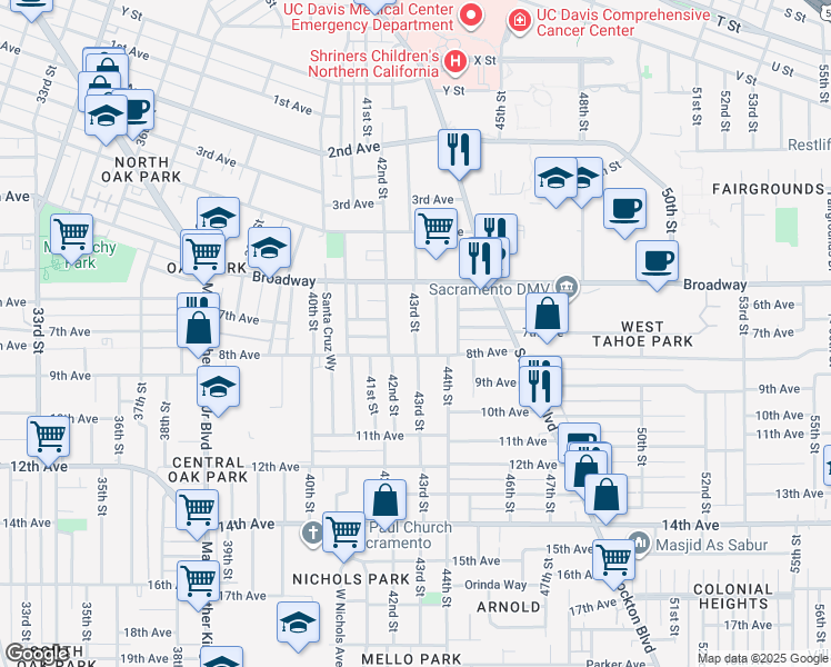 map of restaurants, bars, coffee shops, grocery stores, and more near 3201 43rd Street in Sacramento