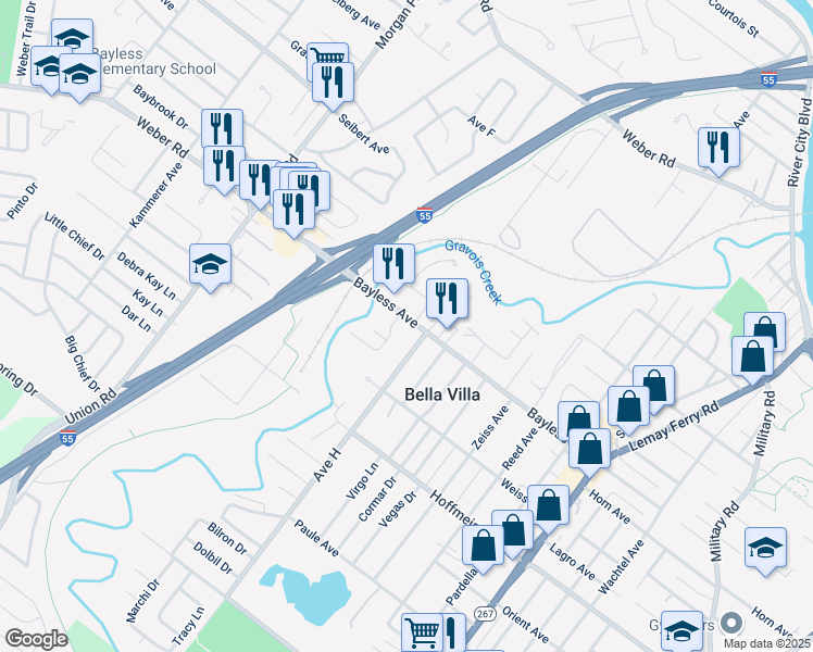 map of restaurants, bars, coffee shops, grocery stores, and more near 4020 Bayless Avenue in St. Louis