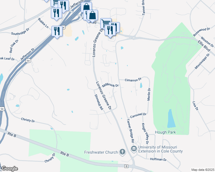 map of restaurants, bars, coffee shops, grocery stores, and more near 2120 Walz Court in Jefferson City