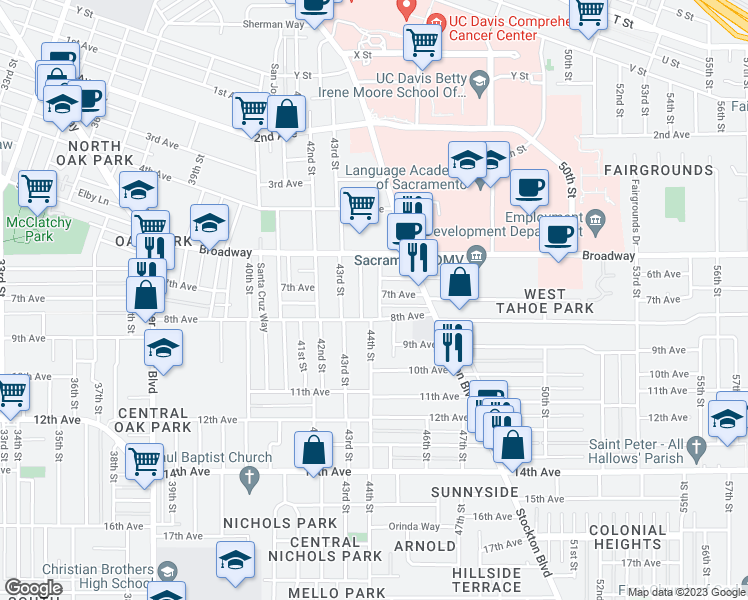 map of restaurants, bars, coffee shops, grocery stores, and more near 3131 San Diego Way in Sacramento