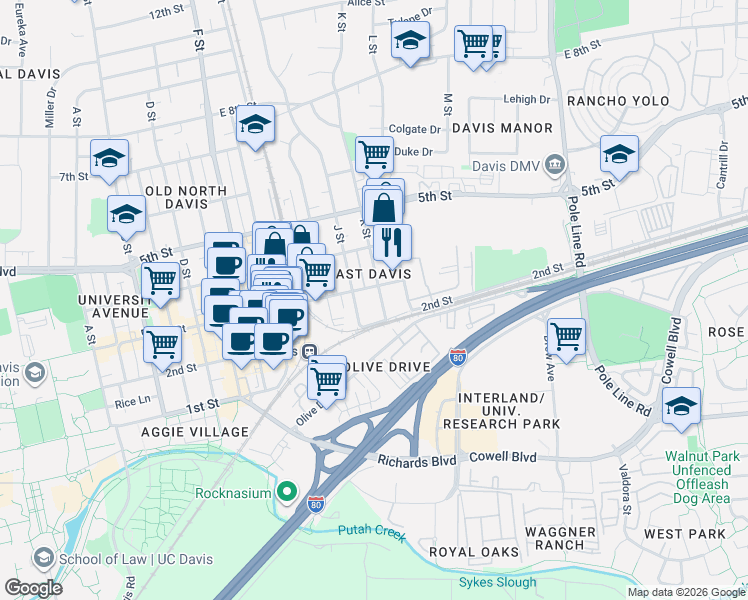 map of restaurants, bars, coffee shops, grocery stores, and more near 234 J Street in Davis