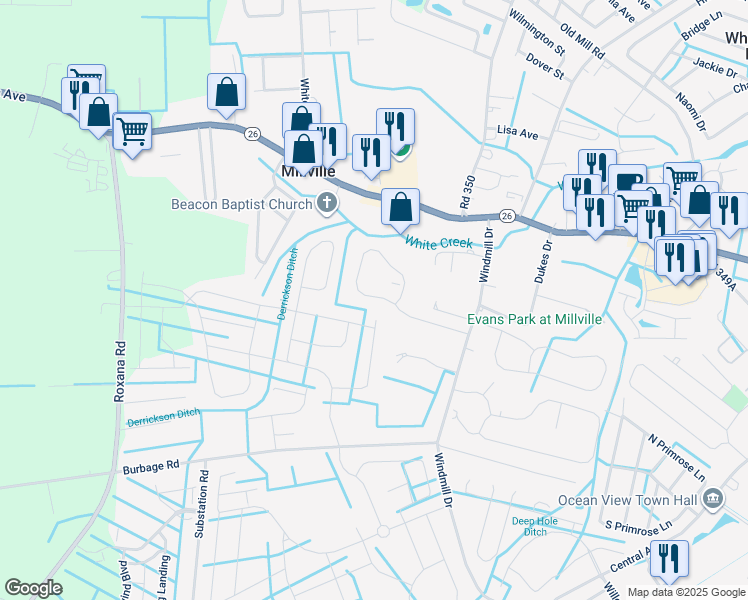 map of restaurants, bars, coffee shops, grocery stores, and more near 36464 Ridgeshore Lane in Millville