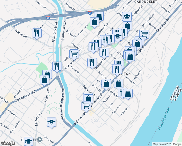 map of restaurants, bars, coffee shops, grocery stores, and more near 8157 Michigan Avenue in St. Louis