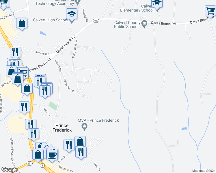 map of restaurants, bars, coffee shops, grocery stores, and more near 741 Pin Oak Court in Prince Frederick